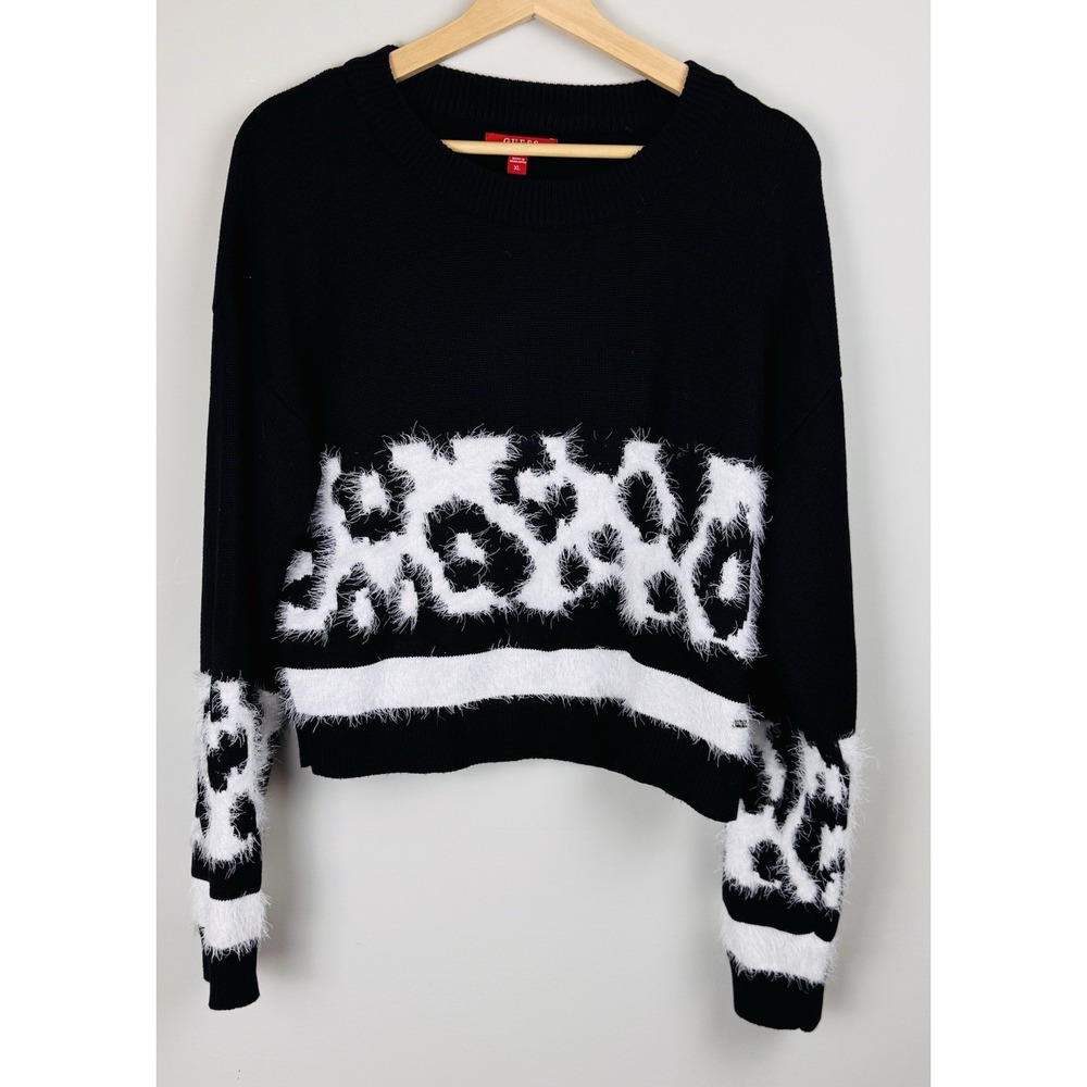 Guess Los Angeles Women's Sz XL Animal Print Crop Sweater Black & White - Picture 9 of 16